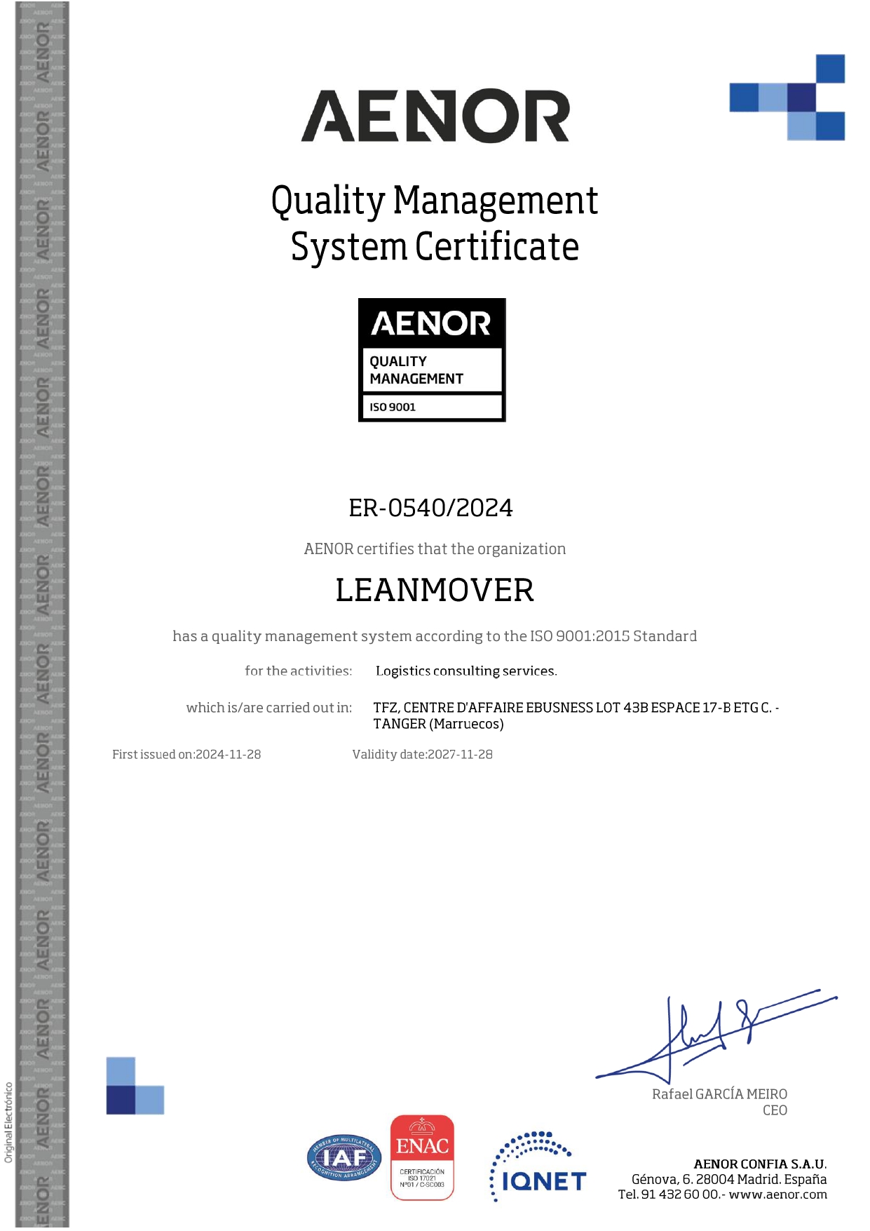 Certificat AENOR ISO 9001
